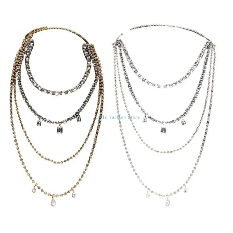 

L5YB Elegant Multi Layer Body Chain Long Fringed Back Jewelry with Rhinestones Detailing for Evening Gowns Summer Outfits