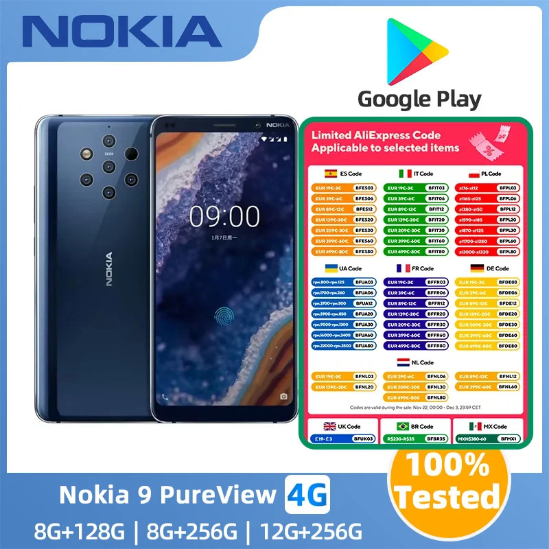 Nokia 9 PureView 4G SmartPhone CPU Qualcomm Snapdragon 845 Battery capacity 3320 mAh 12MP Cameraoriginal used phone