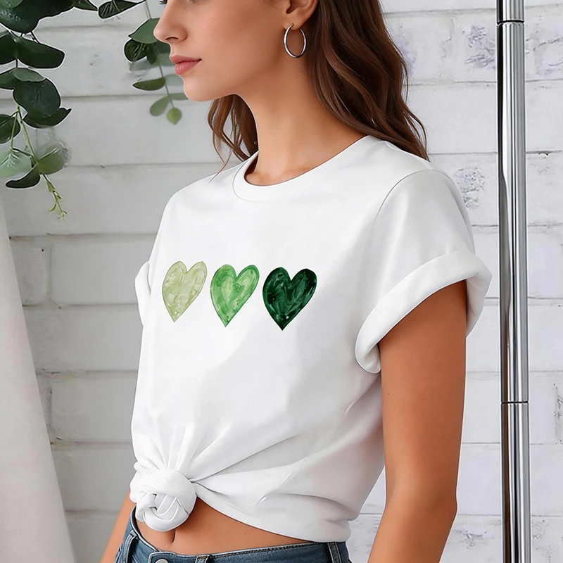 Women's Y2k Three Colorful Love Heart Print T Shirt Female 90s Casual O Neck Tshirt for Woman Funny Y2K Tops Tees Clothing