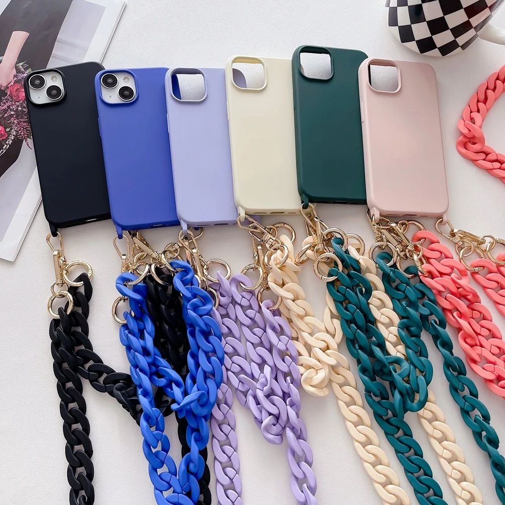 Colour Acrylic Chain Crossbody Shockproof Lanyard Phone Case For iPhone 15 16 pro 13 12 11 14 Pro Max Hand Chain Clear Cover