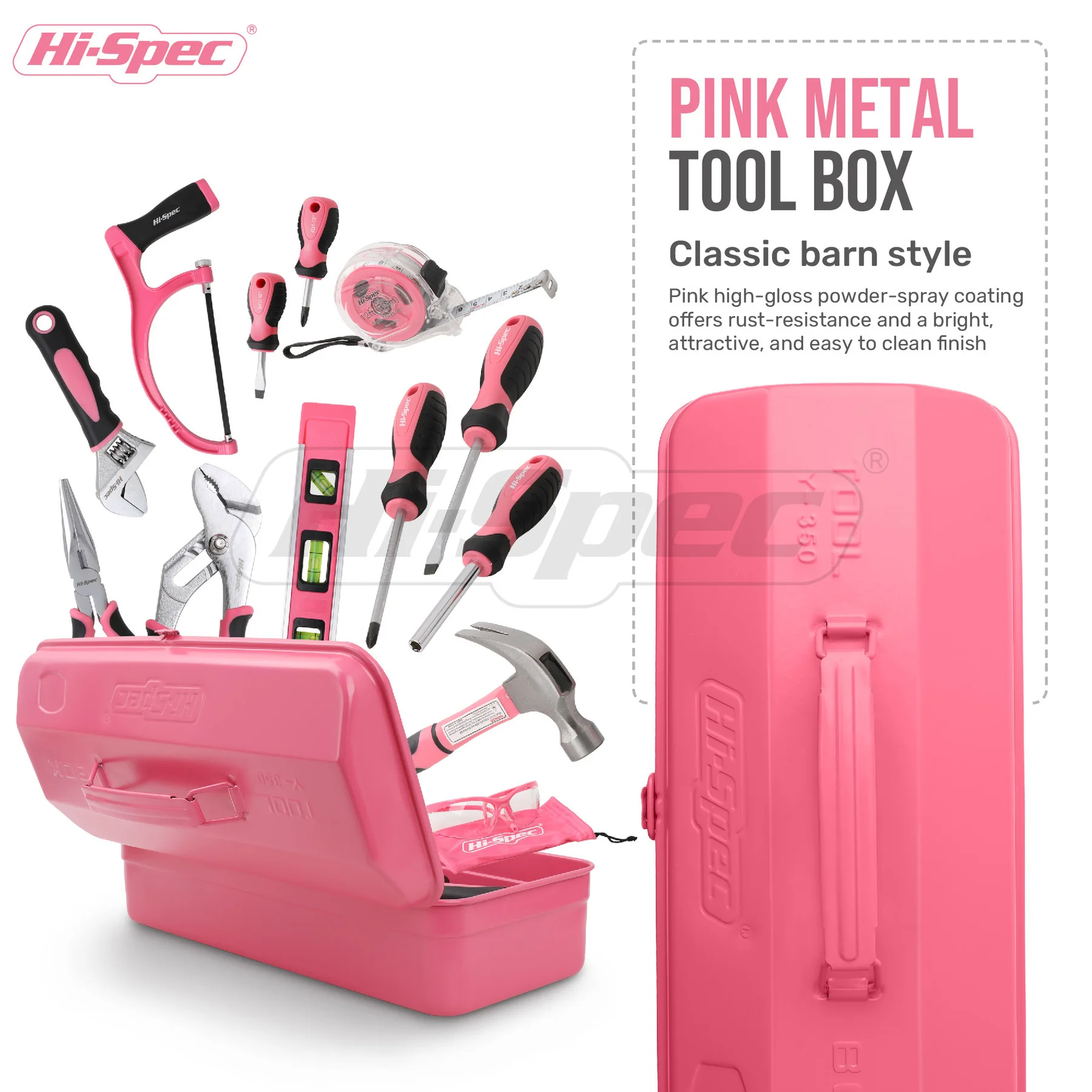 Hi-Spec 1pc Metal Pink Tool Case Steel Style Iron Tool Box Portable Tool Storage Container Empty Suitcase Just Toolbox