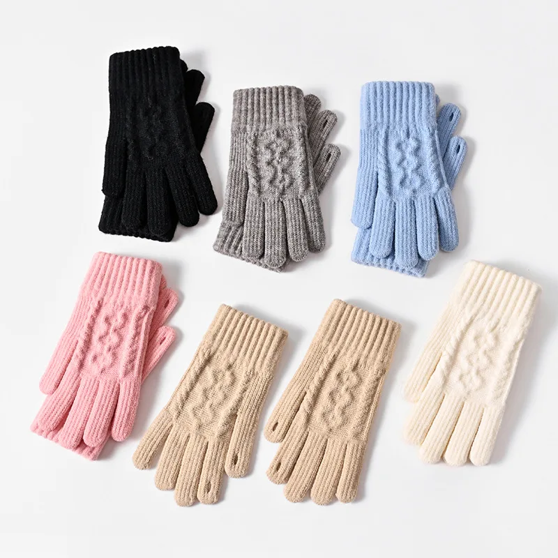 Guantes cálidos tejidos, manoplas de punto elásticas gruesas, pantalla táctil de Color sólido, guantes para todos los dedos para conducir en bicicleta al aire libre