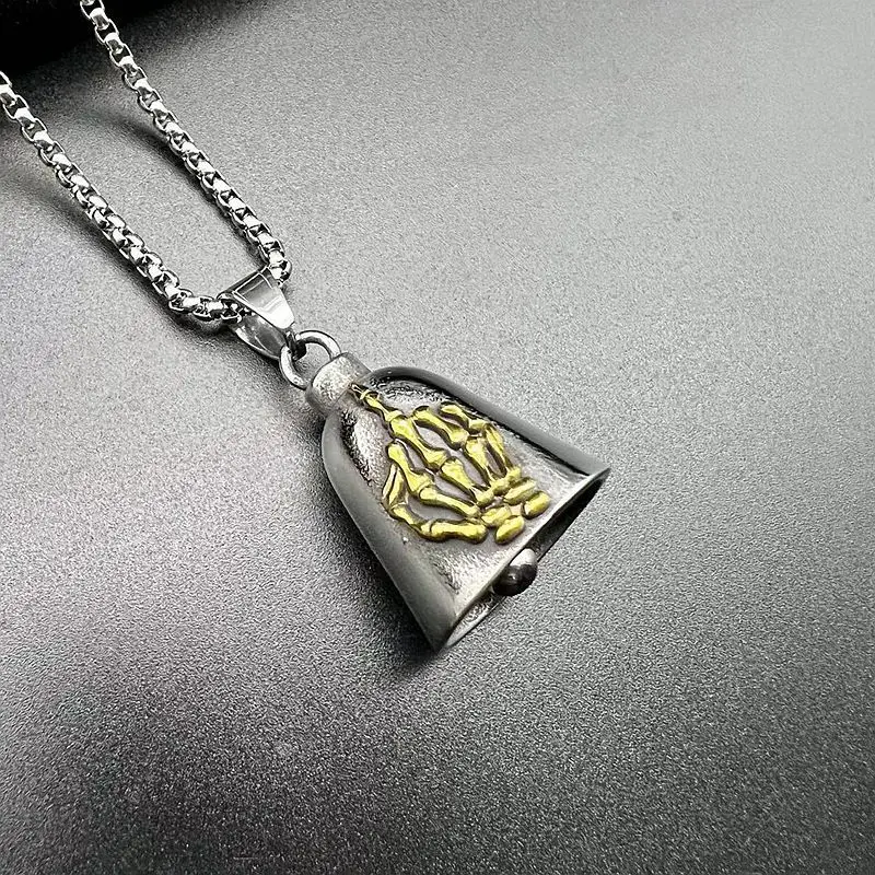 Retro Skeleton Palm Middle Finger Motorcycle Riding Lucky Exorcist Bell Necklace Punk Pendant