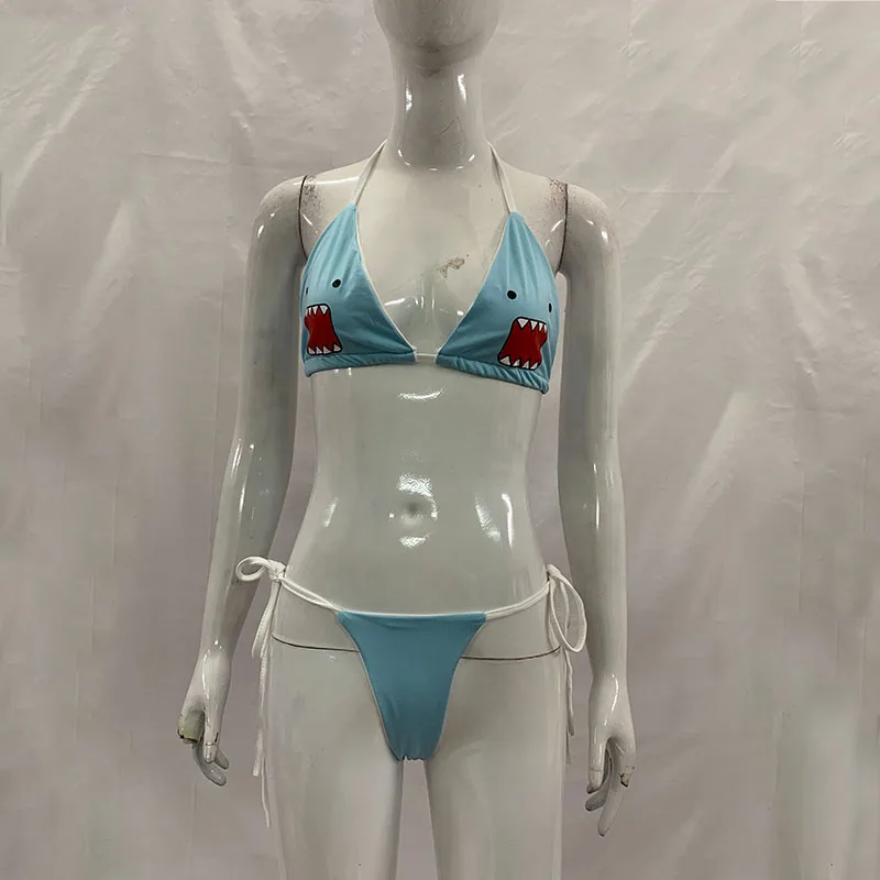 Casual Vacation Light Blue Shark Print Bikini Hanging Neck Triangle Top Side Strap Thong Two-piece Seaside Beach Cute Swimsuit