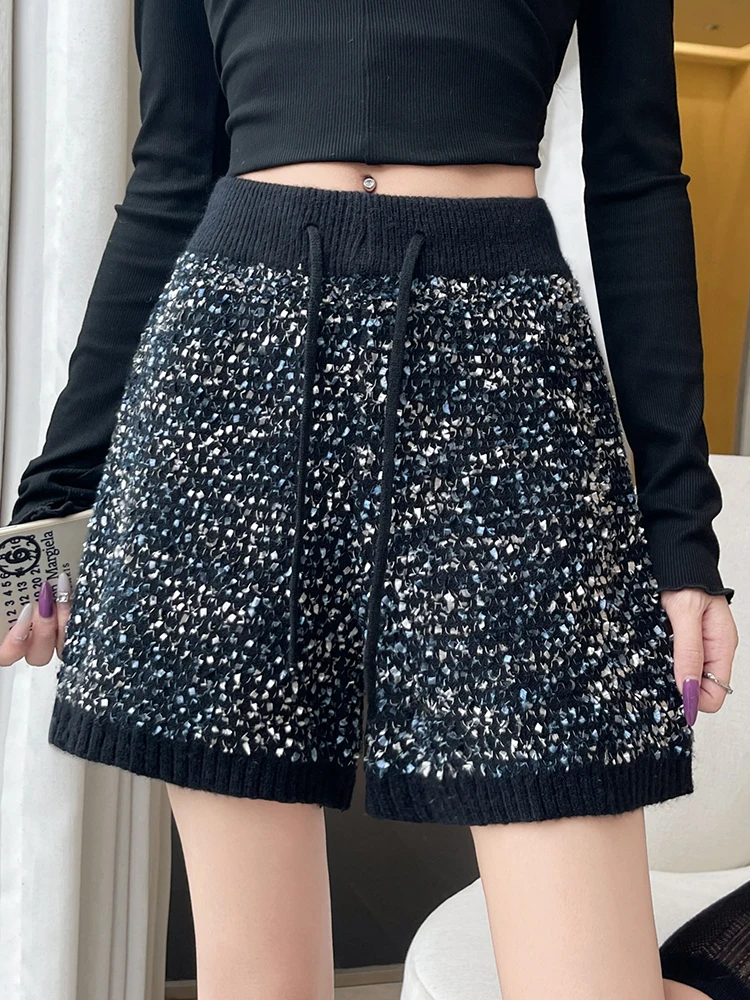 가을과 겨울에 입는 여성용 작은 향기 스타일 스팽글 니트 반바지, 루즈핏 다용도 A라인 와이드 레그 바지