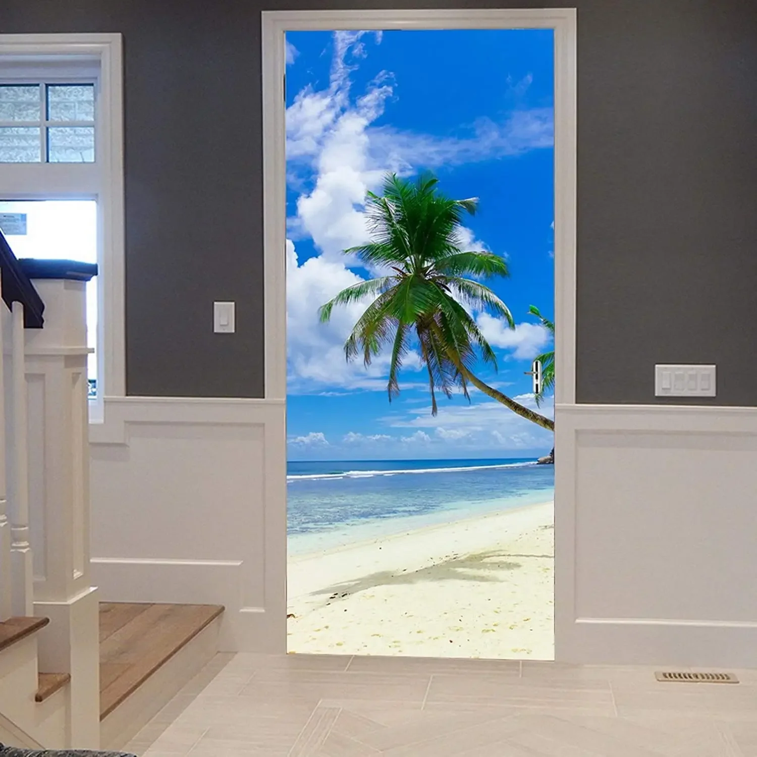 Seaside Palm Tree Door Stickers Hawaii Ocean Scenery Door Mural Sticker Tropical Sea Landscape Decal Wallpaper Living Room Decor