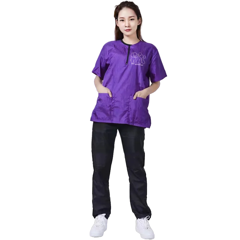 M/L/XL Pet Groomer Waterproof Uniform Suit Pink Purple Pet Hair Breathable Soft Pet Beautician Overalls Set Pro Groomer Robe Kit