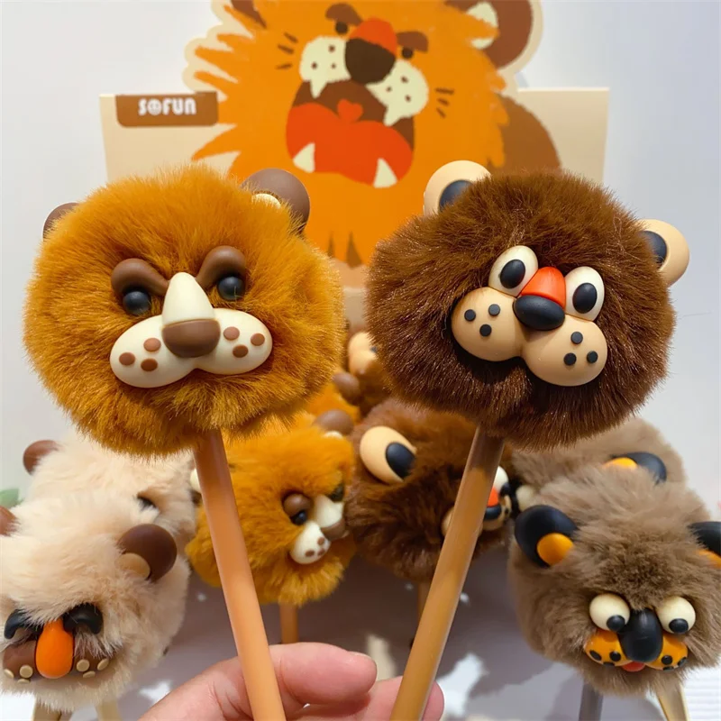 16pcs/lot Creative Lion Plush Gel Pen Cute 0.5mm Black Ink Signature Pens Stationery Gift School Writing Supplies