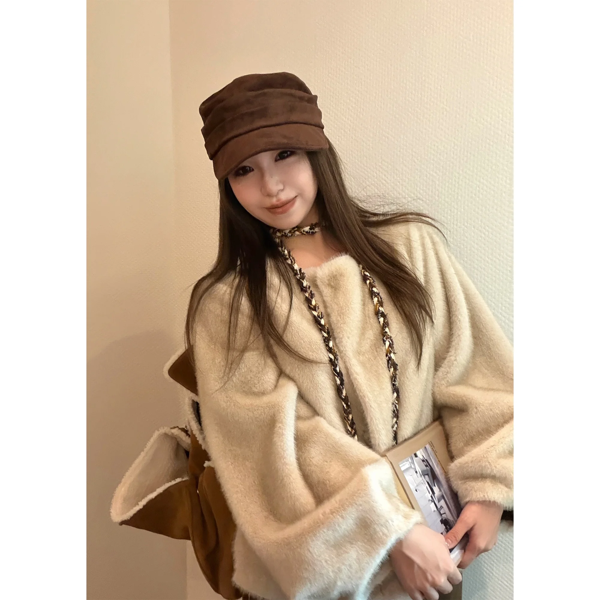 

Ele ort Fur Coat Soft Plu Eco-friendly Mink Women's Winter Faion Vintage Sle Polyester Fiber Long Sve Slim Fit