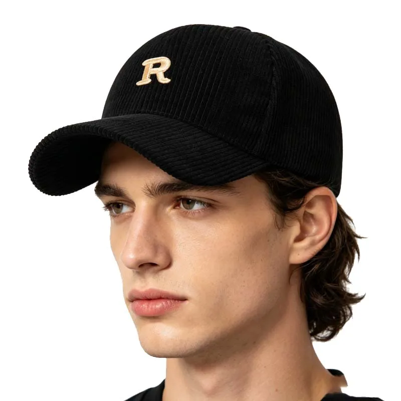 Corduroy Baseball Cap with 3D Embroidered 'R' Letter Solid Color Adjustable Structured Hat Stylish Versatile Casual Accessory