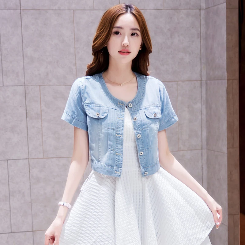 

2023 Spring/Summer New Denim Jacket Women's Korean Casual Slim All-Match Short Crop Sleeve Short Sleeve Denim Button Up Top