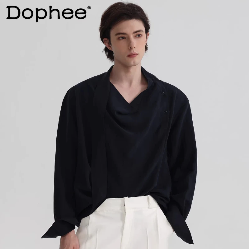 

Fashion Ribbon Decoration Shirts Men's Spring 2026 New High-end Solid Color Shirts Male Simple Comfort Pullover Loose Chic Tops
