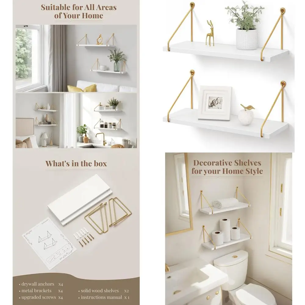 

Glamorous Gold and White Floating Wall Shelves, Set of 2, for Home Decor in Kitchen, Bathroom, and Bedroom
