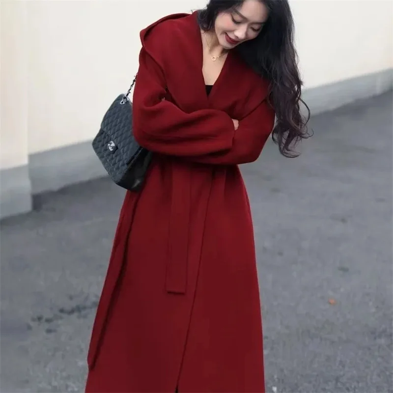 

Элегантное длинное шерстяное пальто с шалью и воротником на шнуровке, женское двустороннее кашемировое пальто с поясом и лацканами, толстое пальто 202, осень-зима, женское шикарное пальто