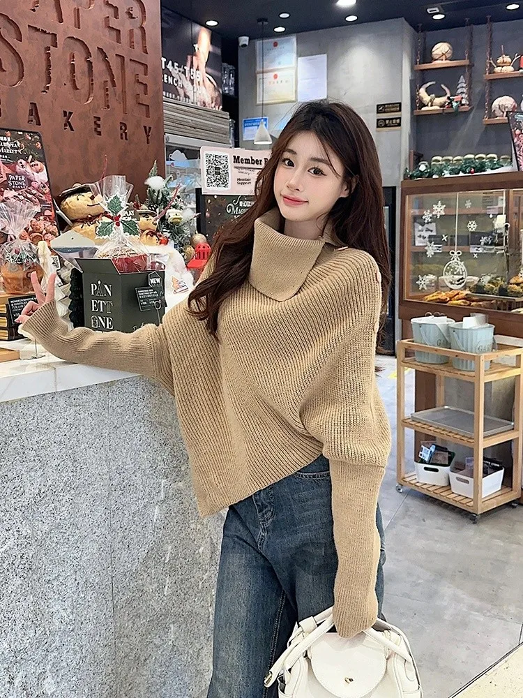 Col haut bouton Long Sve tricot pull femmes automne hiver ample irrégulière tricoté irt Sli décontracté Faion