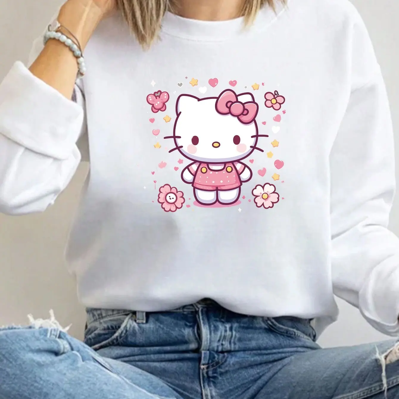 سويت شيرت نسائي برقبة دائرية من Sanrio Hello Kitty مطبوع عليه صوف للجنسين كاجوال للخريف والشتاء مقاس كبير