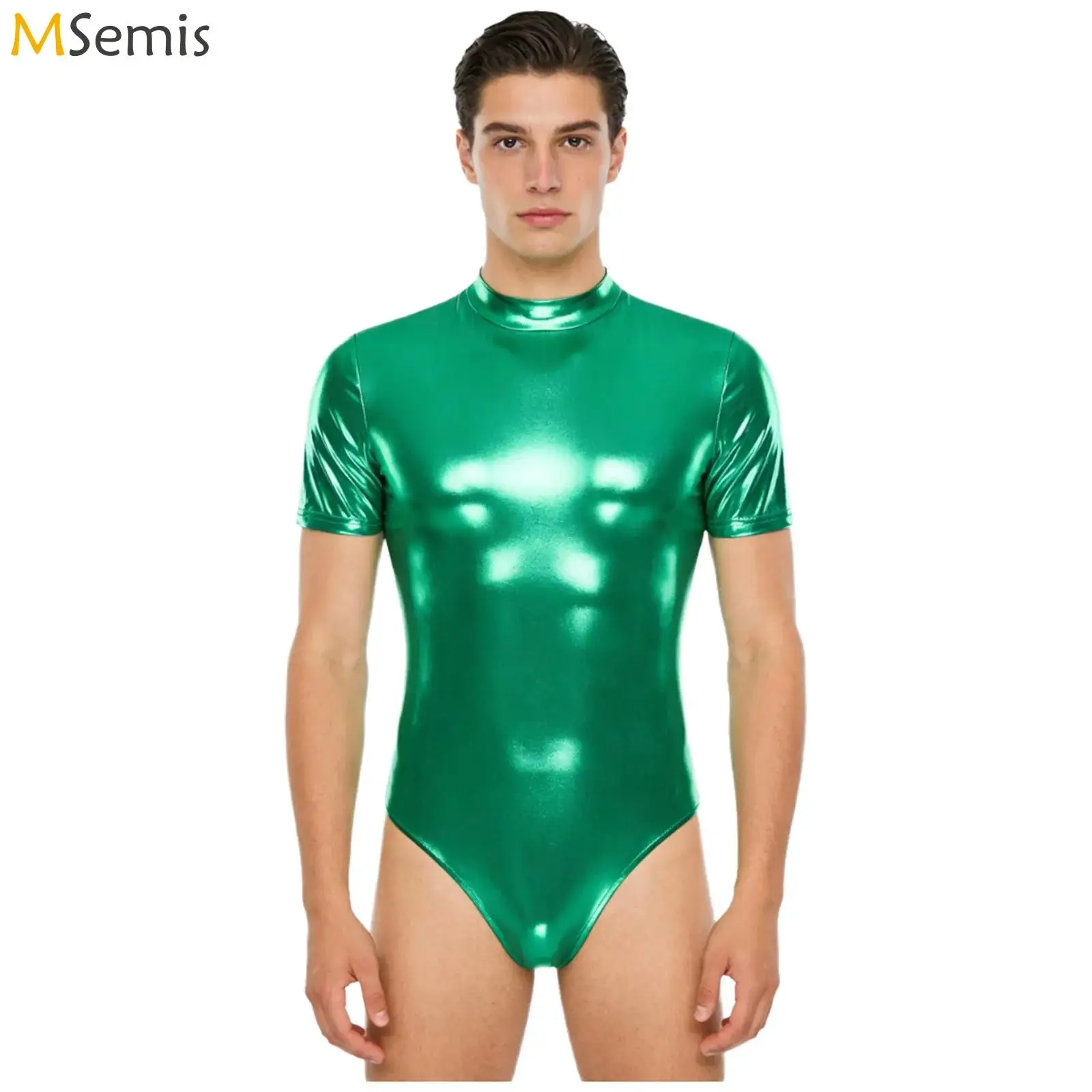 Mens Metallic Shiny Bodysuit Swimsuit Back Hidden Zipper Short Sleeve Mock Neck Bodycon Leotard Bodysuit Jazz Rave Party Costume