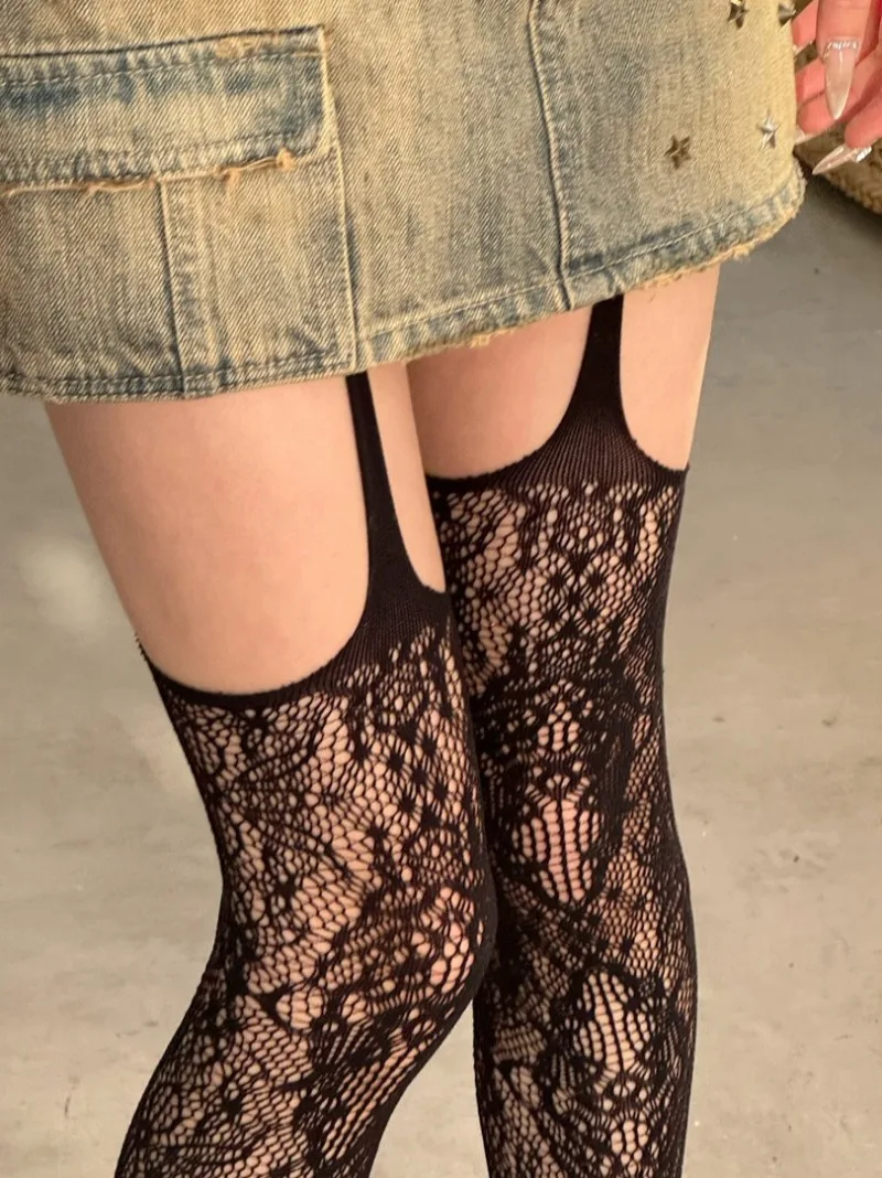 New Print Knee High Socks Women Sexy Fishnet Thigh High Stockings with Suspender Floral Retro Pattern Japanese Lolita Long Socks
