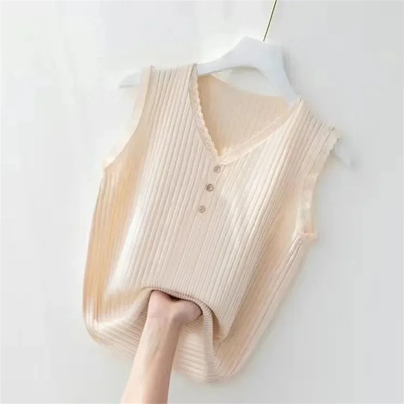 

Women Summer Ice Silk Tank Top Fashion Splicing Lace T-shirt Bottoming Shirt Knitwear Tops Sexy Sleeveless Vest Female Clothing