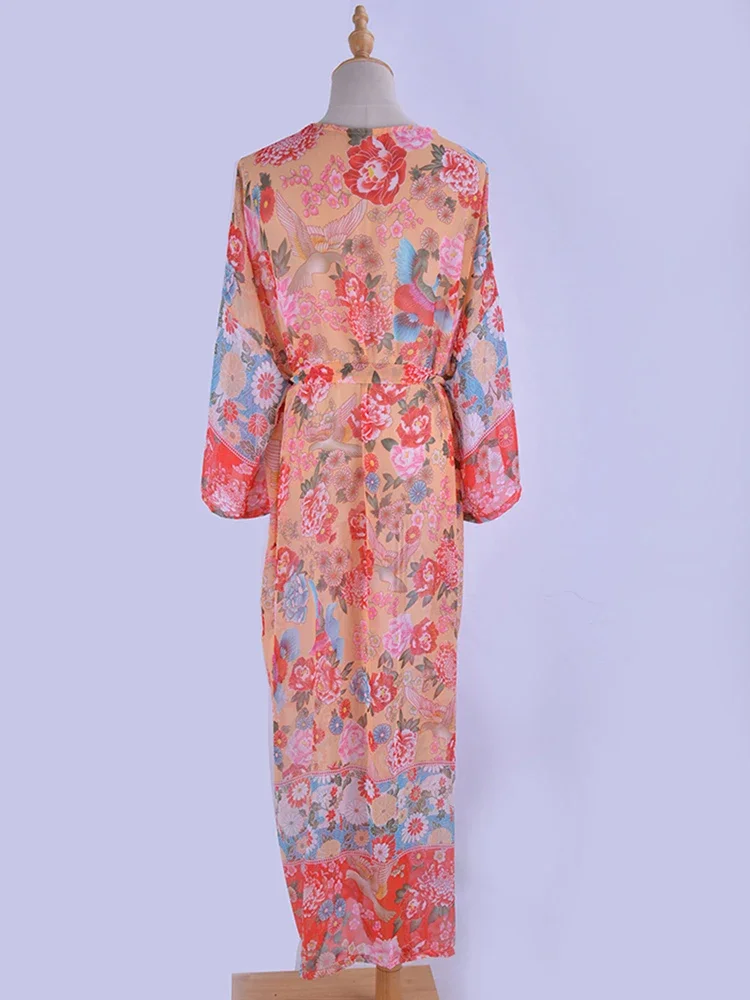 Vintage Print Floral Beach Cover Up Summer Swimwear Bikini Outerwear Flare Sleeve Oversize Long Cardigans