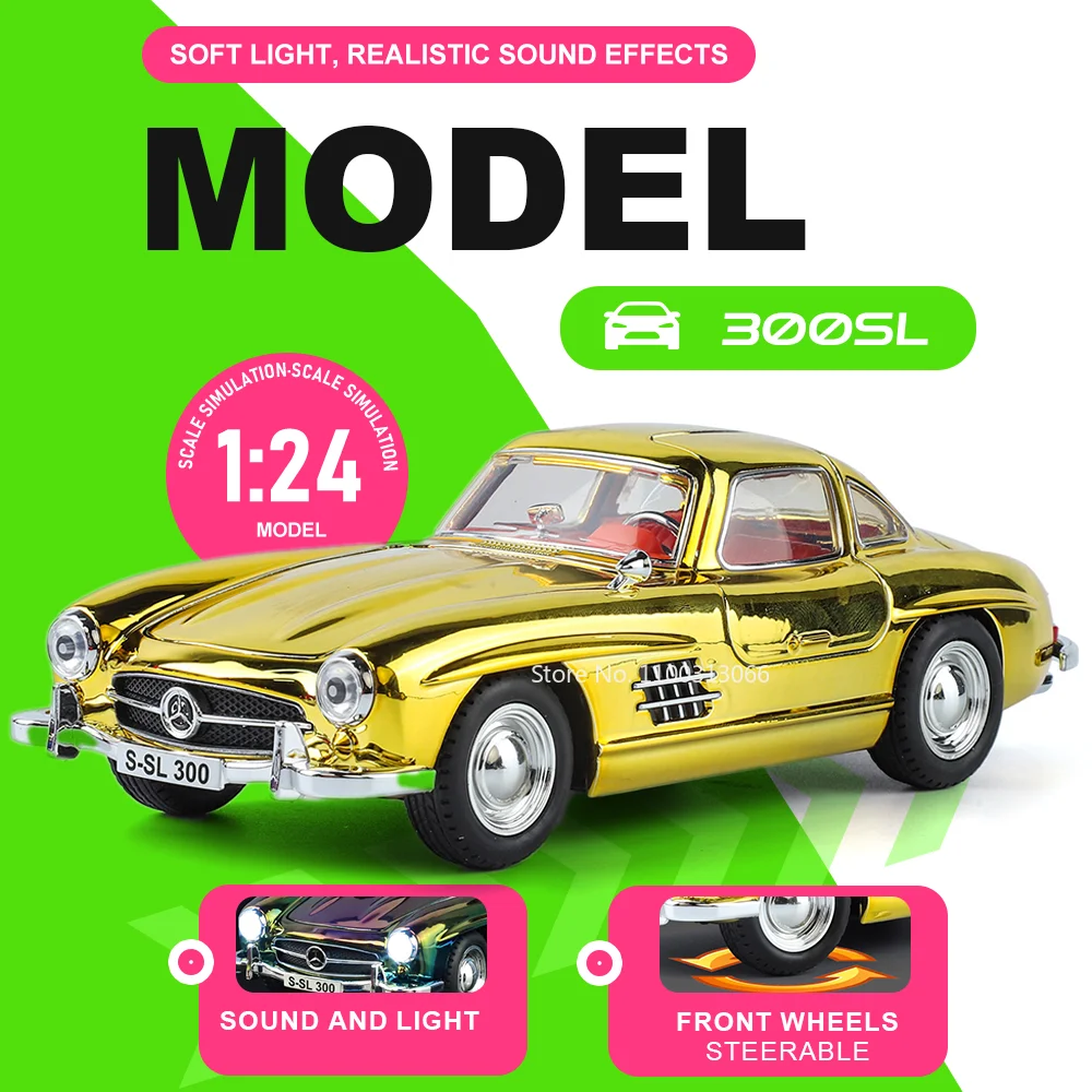 

1:24 300SL Vintage Car Miniature Toy Diecast Alloy Model with Sound Light Pull Back Front Wheel Steering Vehices Gift for Friend
