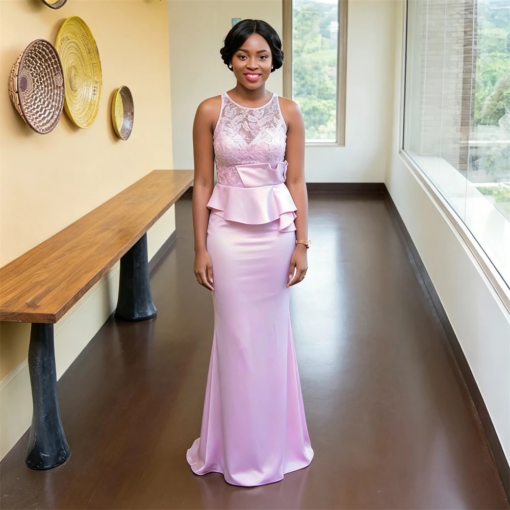 High Quality Pink Mermaid Maxi Bridesmaid Dresses Lace Body Floor Length Shiny Satin Black Women Maid Of Honor Gowns For Wedding