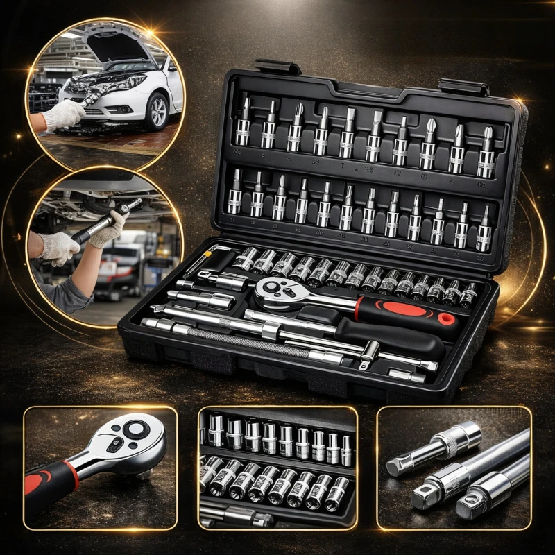 46pcs Automotive Repair Tool Set, Featuring Carbon Steel Ratchet Wrenches And Socket Toolbox, Robust Metal Household Tool Kit