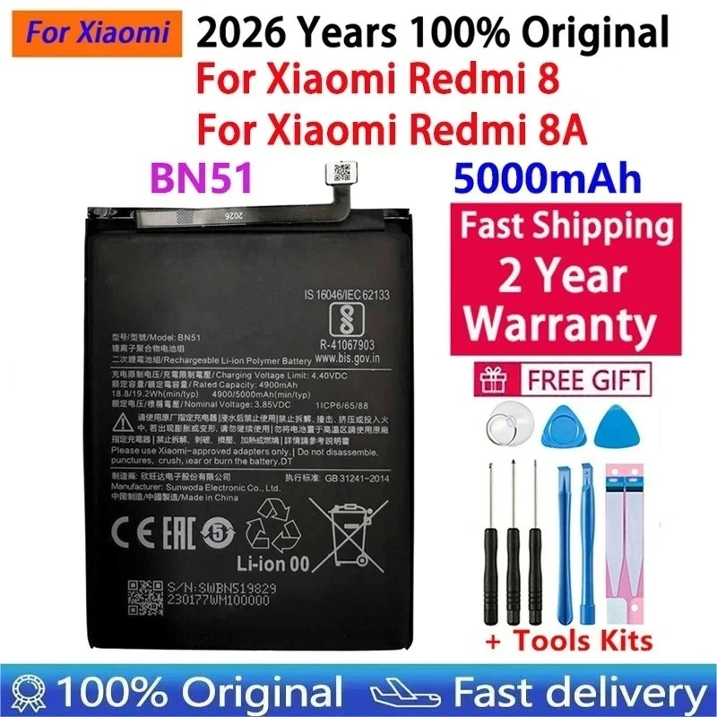 

2026 Years 100% Orginal BN51 5000mAh Battery For Xiaomi Redmi8 Redmi 8A Redmi8 Replacement Batteries Bateria Fast Shipping+Tools