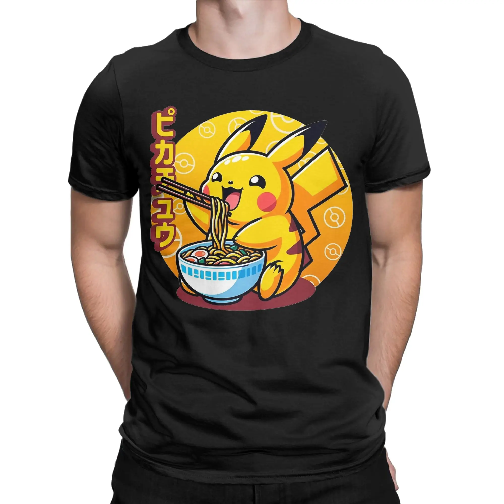 Men T-Shirt Cute Electric Type Creature Eating Ramen P-Pokemon Cotton Tees Short Sleeve T Shirt Crewneck Clothing Printing