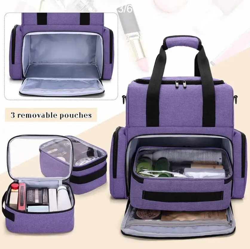 حقيبة مكياج نسائية حقيبة مستحضرات التجميل حقيبة مستحضرات التجميل المحمولة للنساء منظم طلاء الأظافر حقيبة طلاء الأظافر مع حقيبتين قابلتين للإزالة