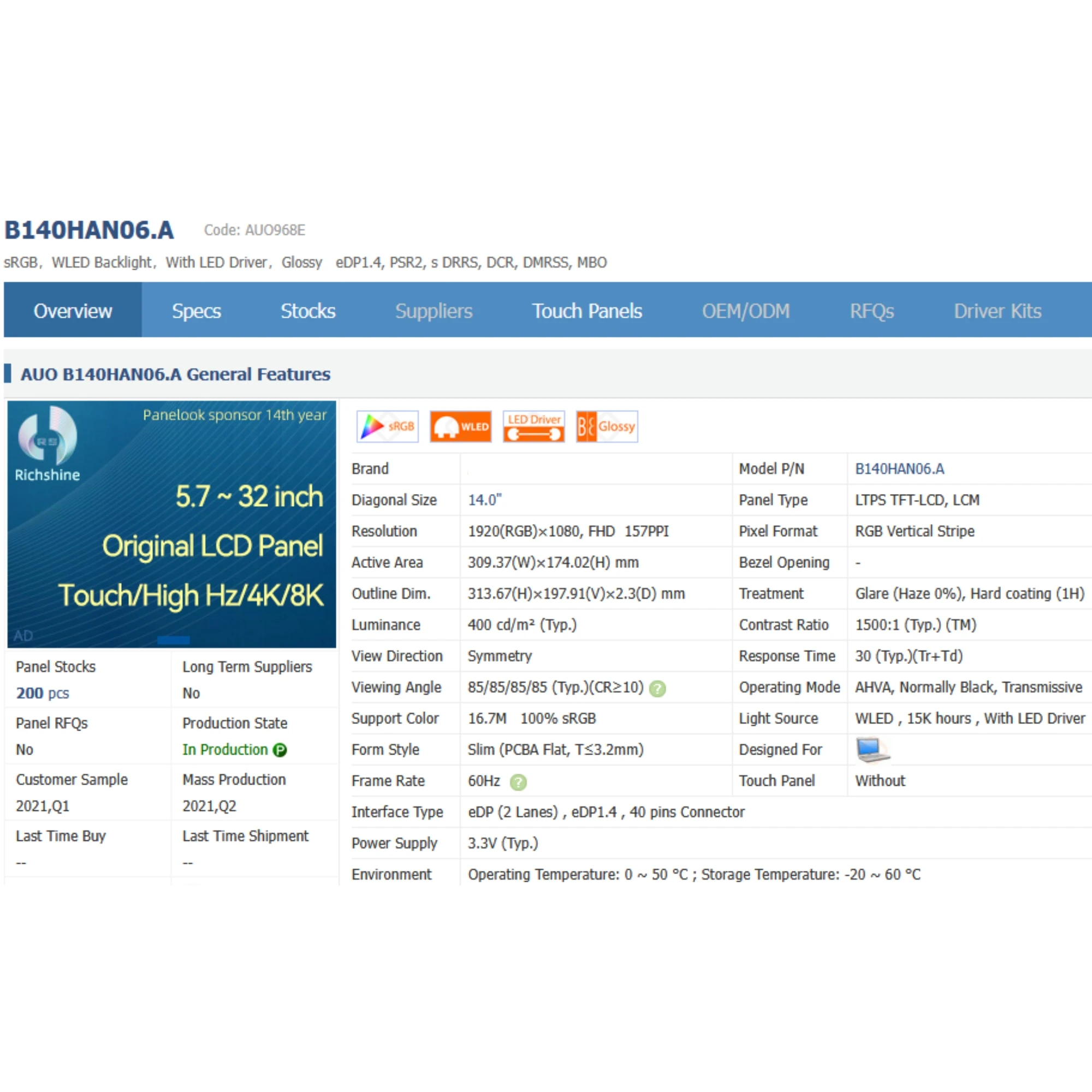 

B140HAN06.A 14 inch 1920X10801200 IPS 40 pins Matrix LCD Screen