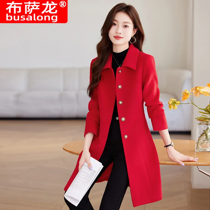 

High-End Wool Coat Mid-Length Slim Fit Elegant Slimming Casual Trench Coat for Women Autumn Winter Red High-End Jacket