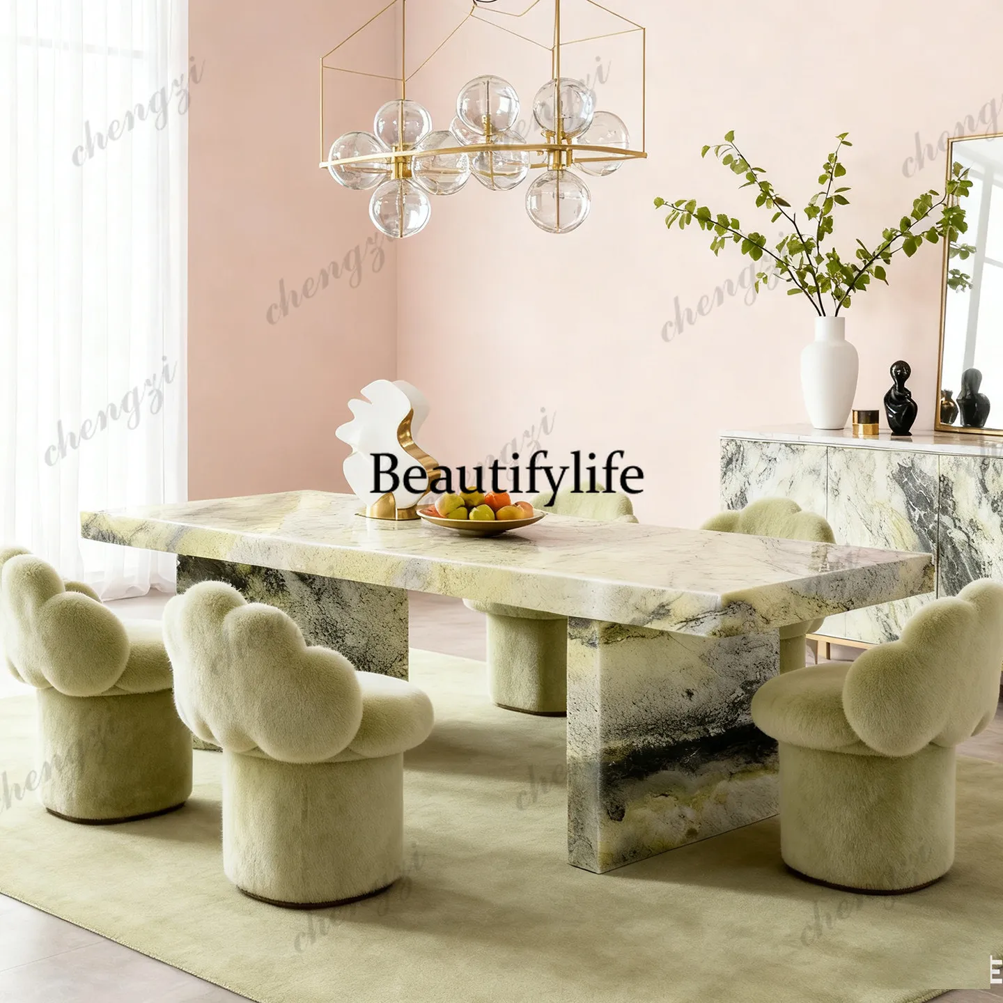 P37 Nordic Light Luxury Style Natural Marble Dining Table Rectangular Italian Dining Table