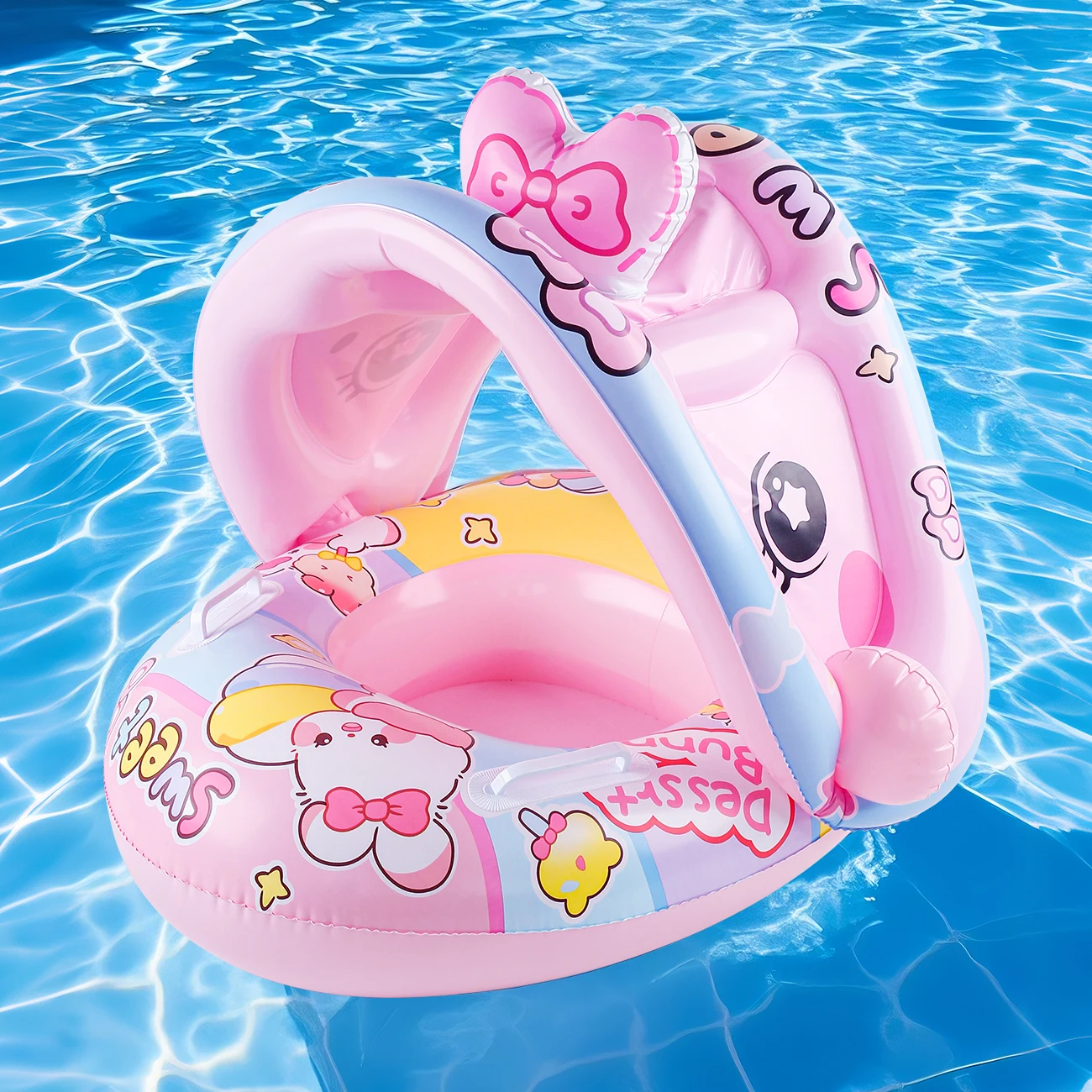 Tumbona inflable con sombrilla rosa de conejito bonito, anillo de natación con reposabrazos esencial de verano para niños menores de 30KG, 1 ud.