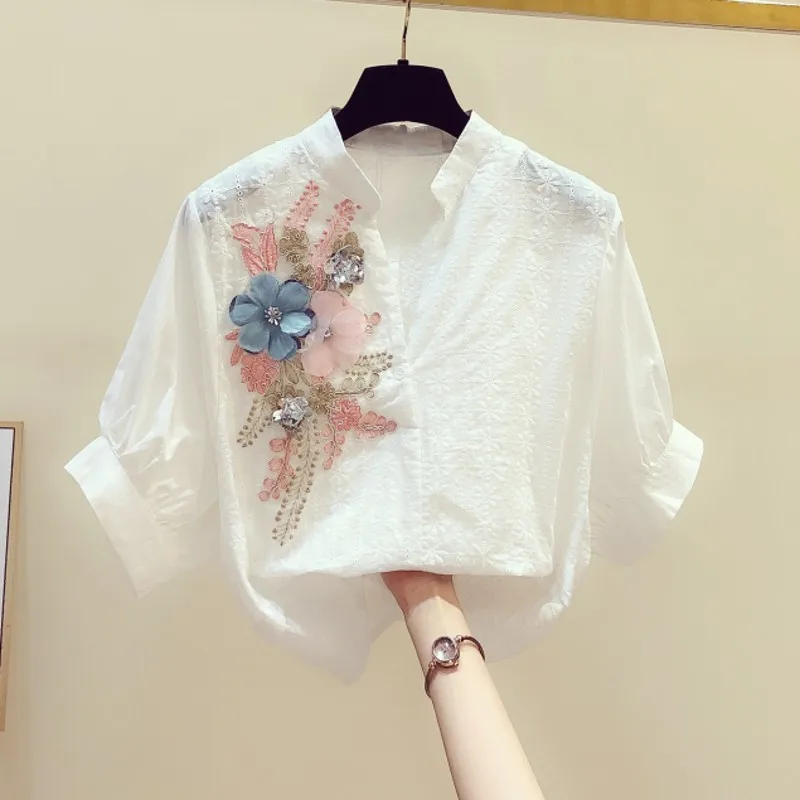 

Beaded Embroidery Blouse for Women, Short-Sleeved, Loose Top, Lady Pulls, Outwear, Top Quality, Summer, New, 2022