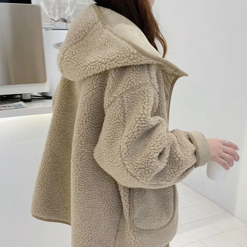 YTJHRG Women\'s Lamb Wool Coat Thick Warm Plush Jackets Streetwear Faux Fur 2024 New Autumn Winter Korean Fashion Female Clothing