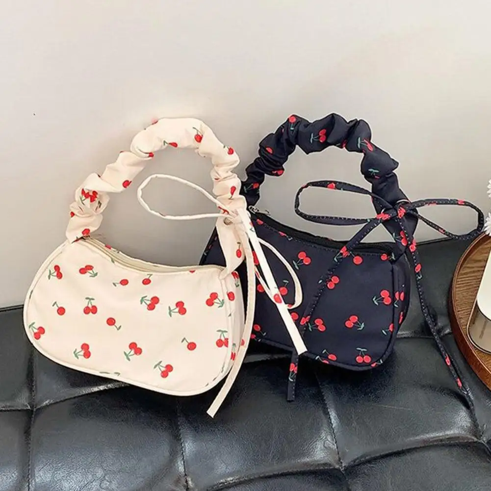 New Cute Cherry Print Pleated Shoulder Bag For Women Sweet Ruched Underarm Dumpling Bag Canvas Crossbody Purse Daily Commute