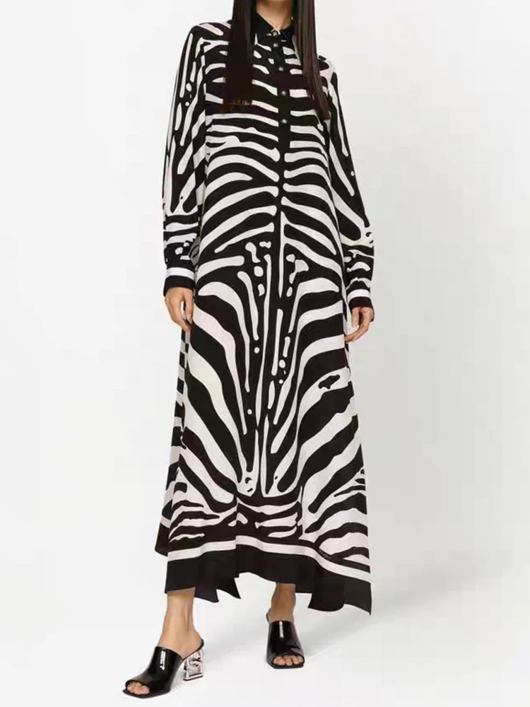 2025 herfst dames bladerdeegrok retro zebrapatroon bedrukte kraag lange jurk modieuze losse shirtrok met lange mouwen