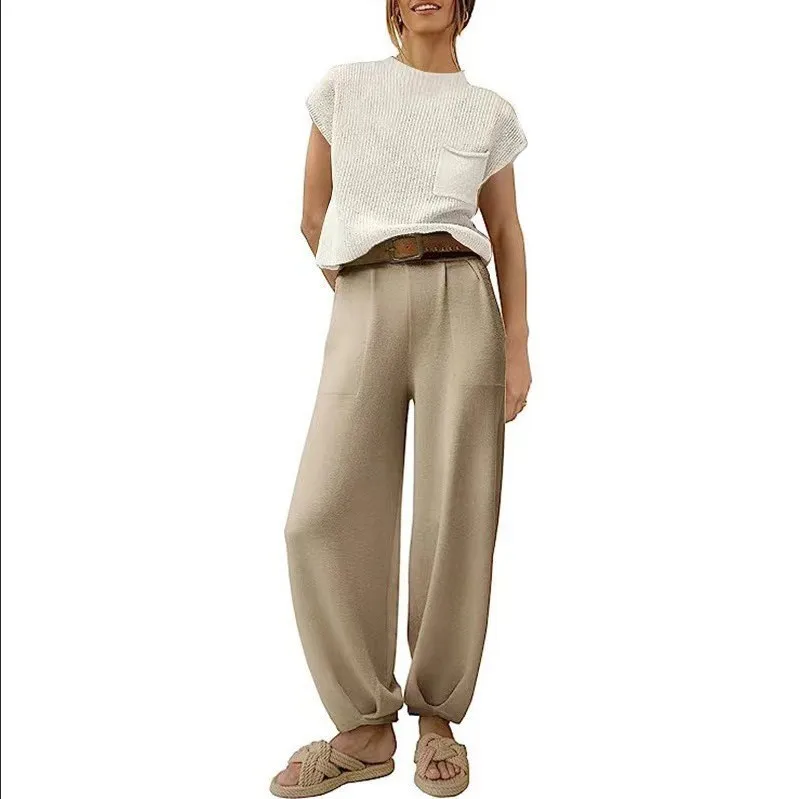 

Autumn Solid Color Trousers Suit For Women Fashion Sports Style Short-sleeved Top High Waist Trousers Two-piece Women Streetwear