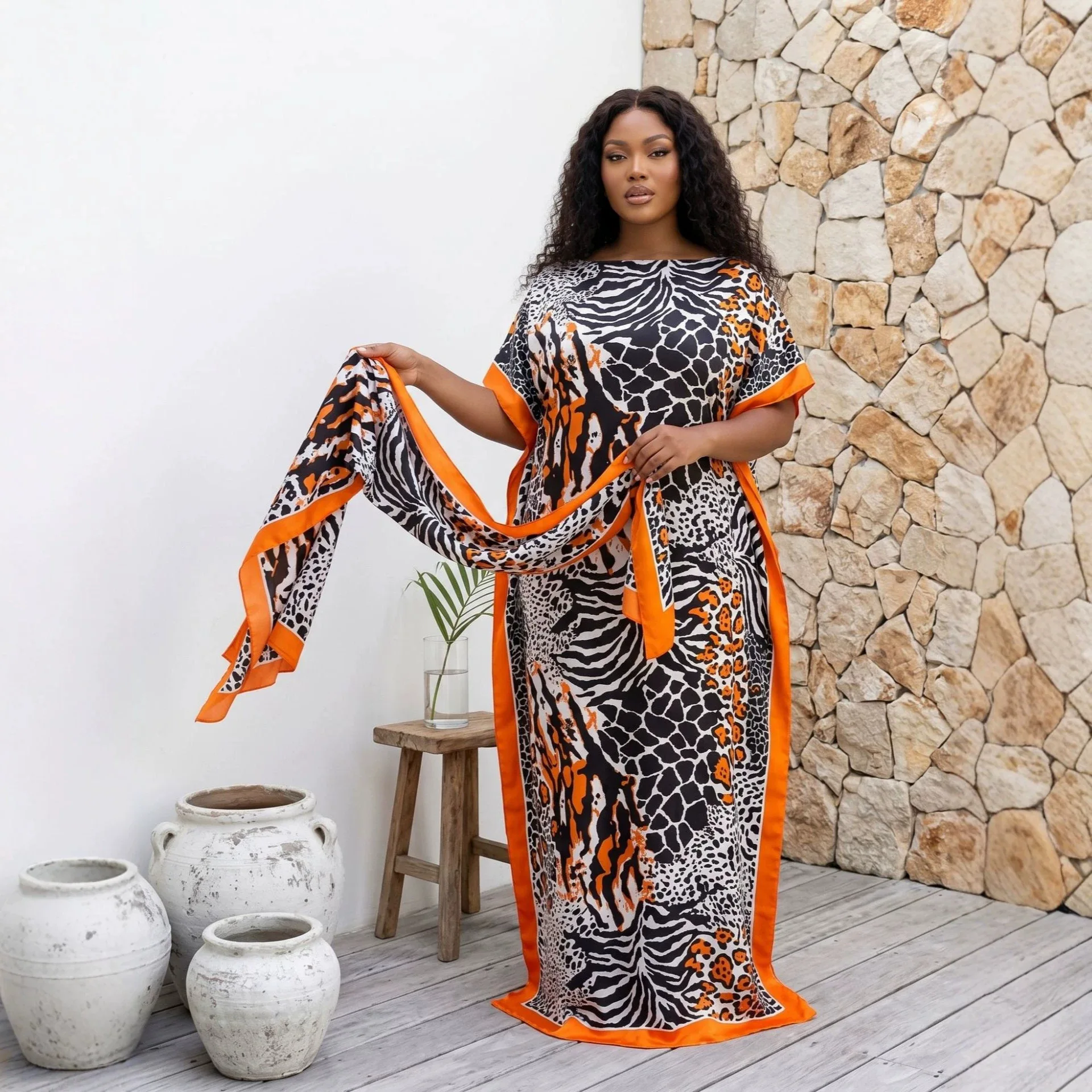 Cover Up Kaftan - Kaftan-Langkleid mit passendem Kopftuch-Set für Damen,