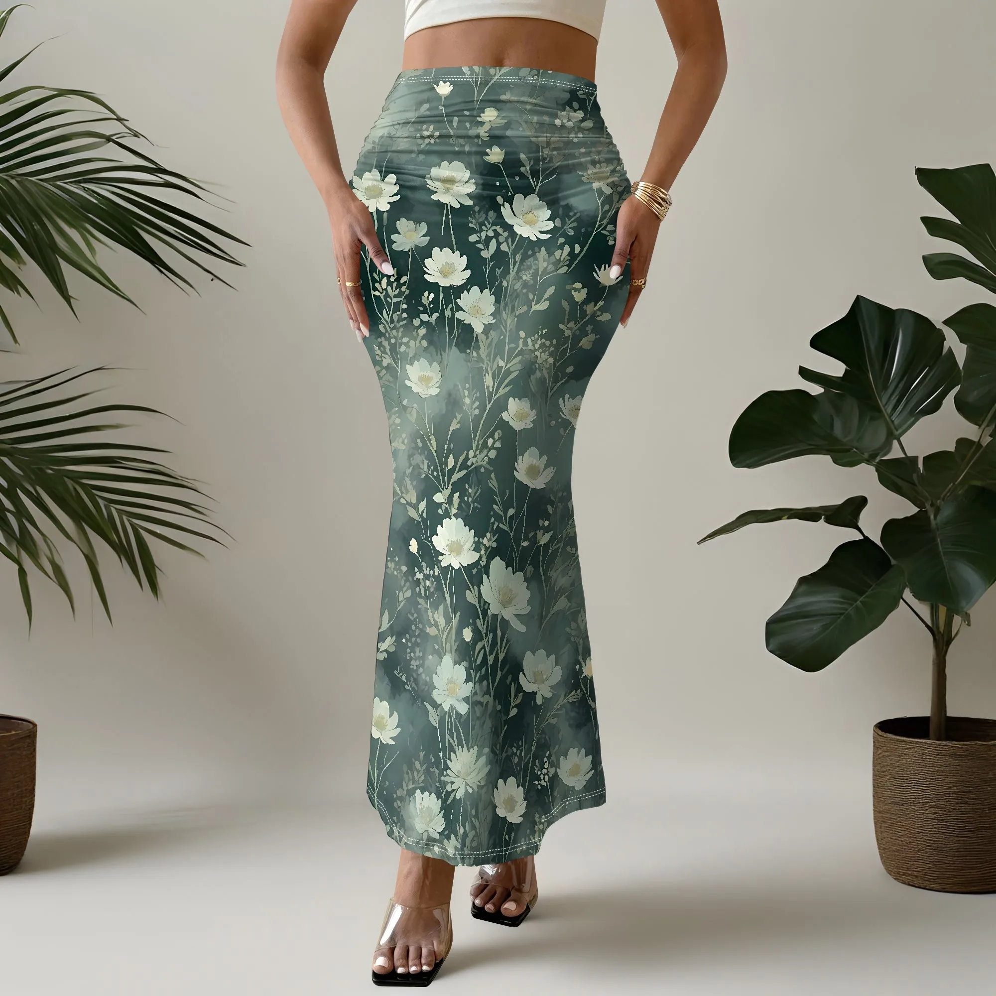 Elegant Floral Mermaid Skirt, Green Botanical Print, High Waist Design, Ruffle Hem Detail, Party Evening Wear, S-2XL