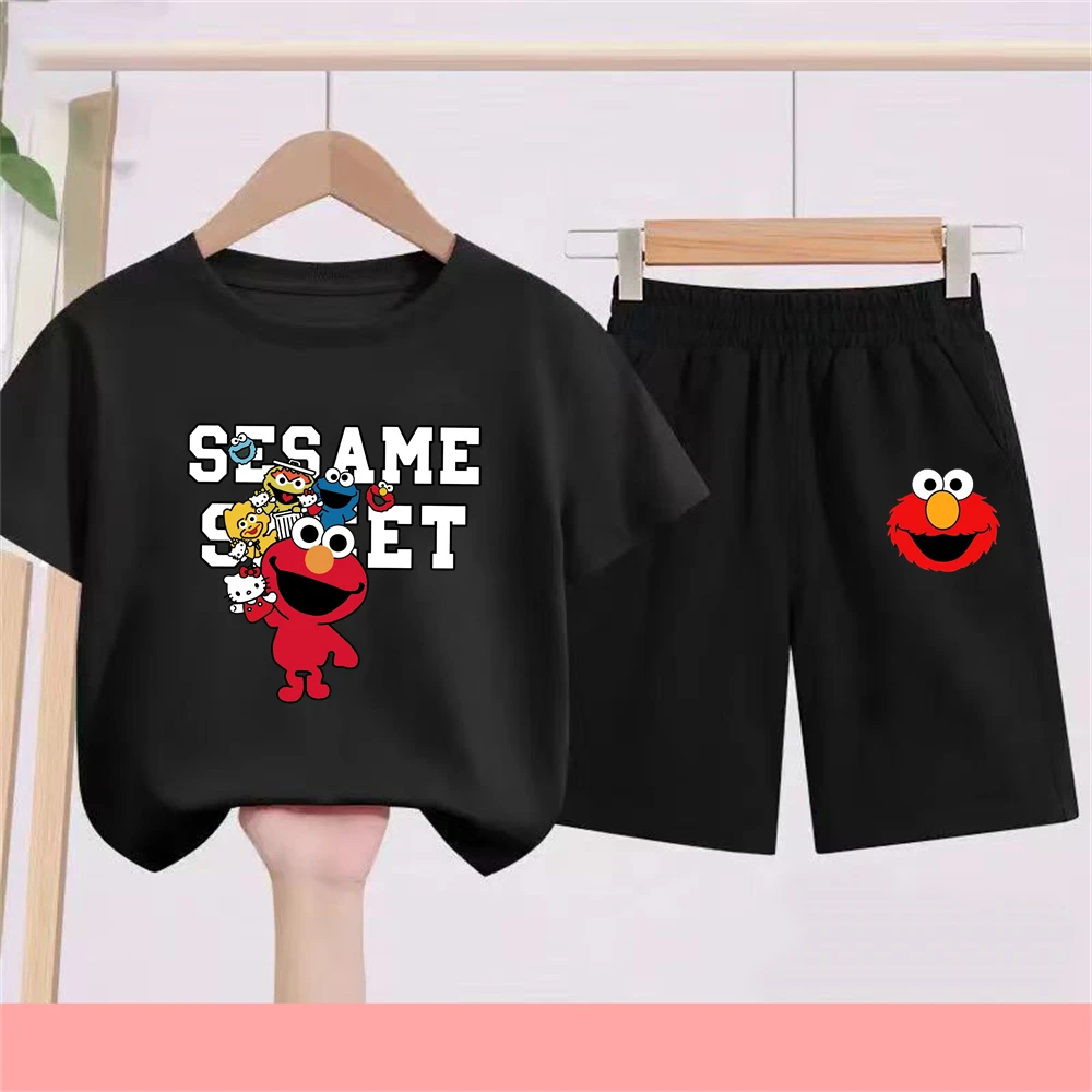 

Elmo cartoon Kids Tee Top Boys Girls Set T-shirt Shorts 2pcs Tracksuit Outfit leisure Children Summer Clothes SESAME STREET