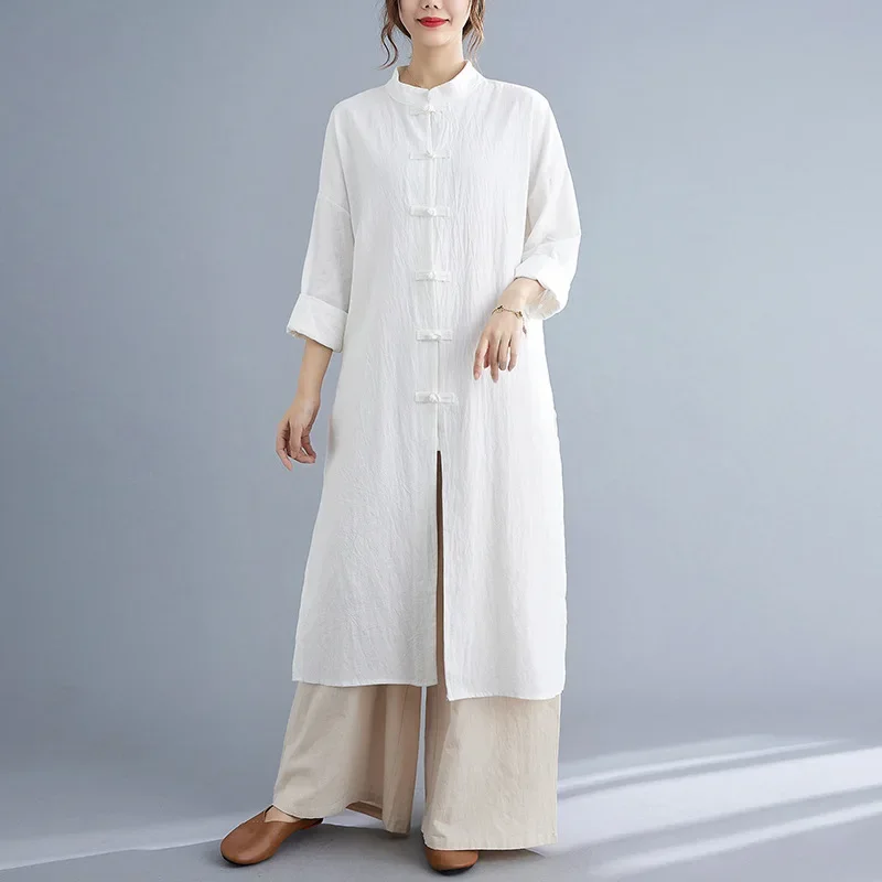 Women Linen Jacket Long Robe Chinese Traditional Retro Kungfu Wushu Tai Chi Uniform Teaism Wear Casual Loose Outfits Gown Hanfu