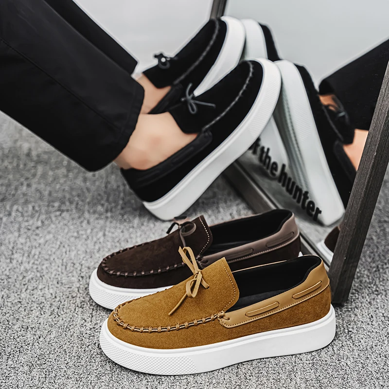 Fashion Trends Mens Loafers Shoes Suede Slip on Casual Dress Man\'s Shoes Wedding Office Gray Soled Leather Shoes High-end