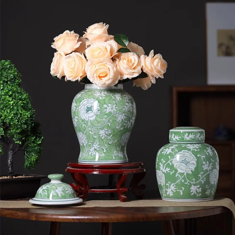 

Retro green ceramic general jar tea can living room vase ornament hydroponic flower arrangement device
