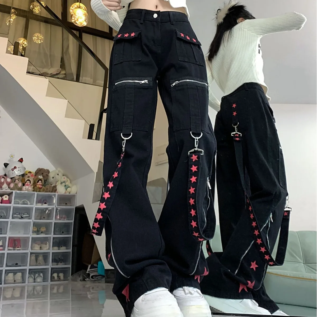 

Heavy Industry Dark Contrast Color Ribbon Metal Decorative Splicing Casual Versatile Star Millennium Loose Pants