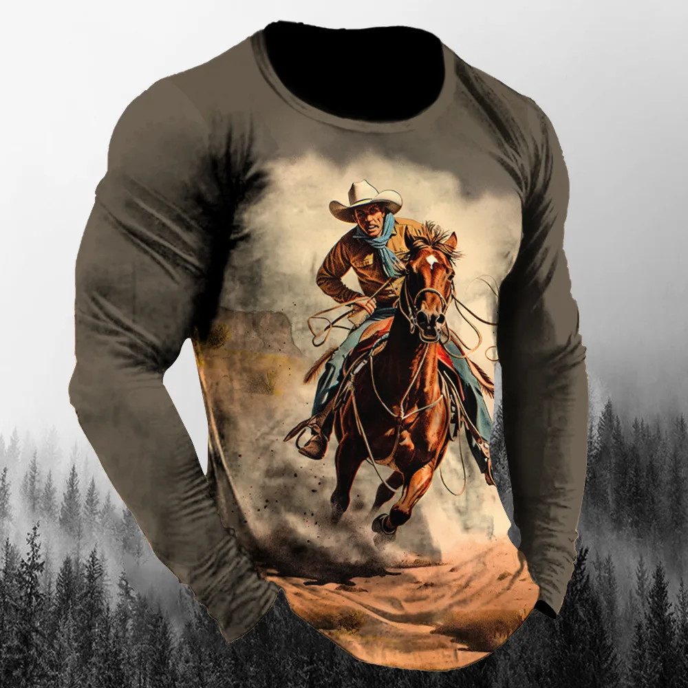 Vintage Westside Cowboy Print Autumn Men's O-Neck T-shirt Casual Long Sleeve Oversized T Shirts Fashion Tops Trend Men Clothing