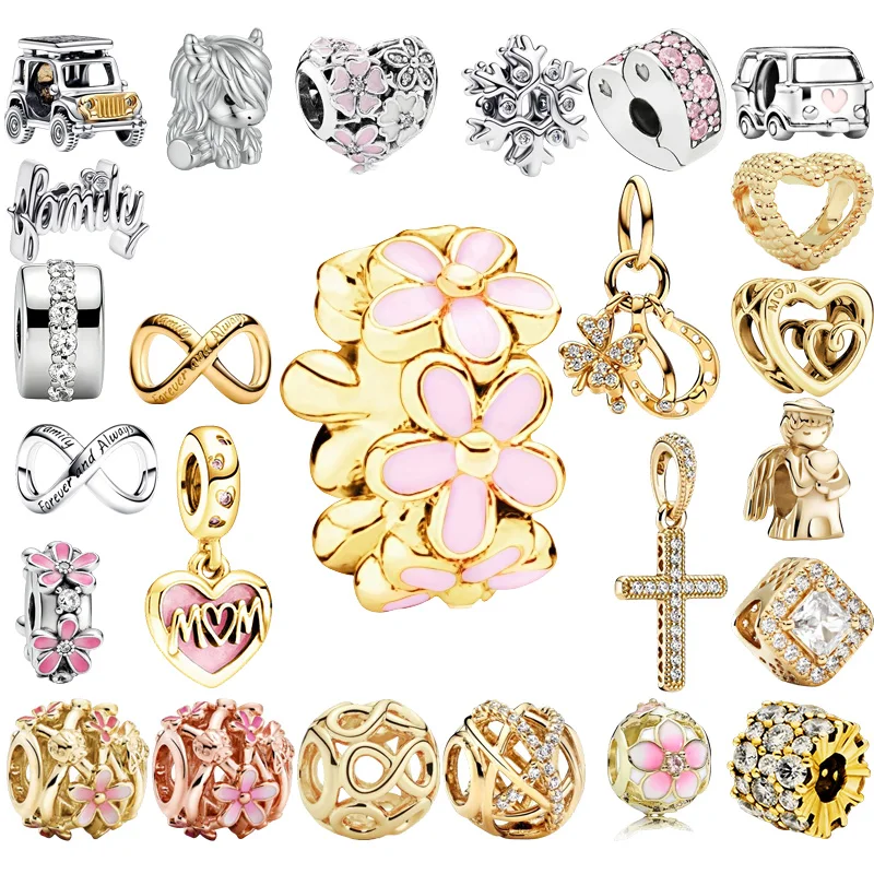 

Original Charm Beads Square Sparkle Halo&Openwork Pink Daisy Flower&Clear Row Clip Bead Fit Pendant Bracelet Women Jewelry Gift