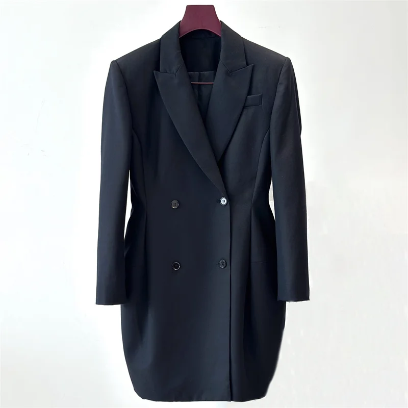 سترة نسائية جديدة لخريف 2025 مزدوجة الصدر بقصة ضيقة وطية صدر وأكمام طويلة من مزيج الصوف سترة نسائية طويلة معطف نسائي #3