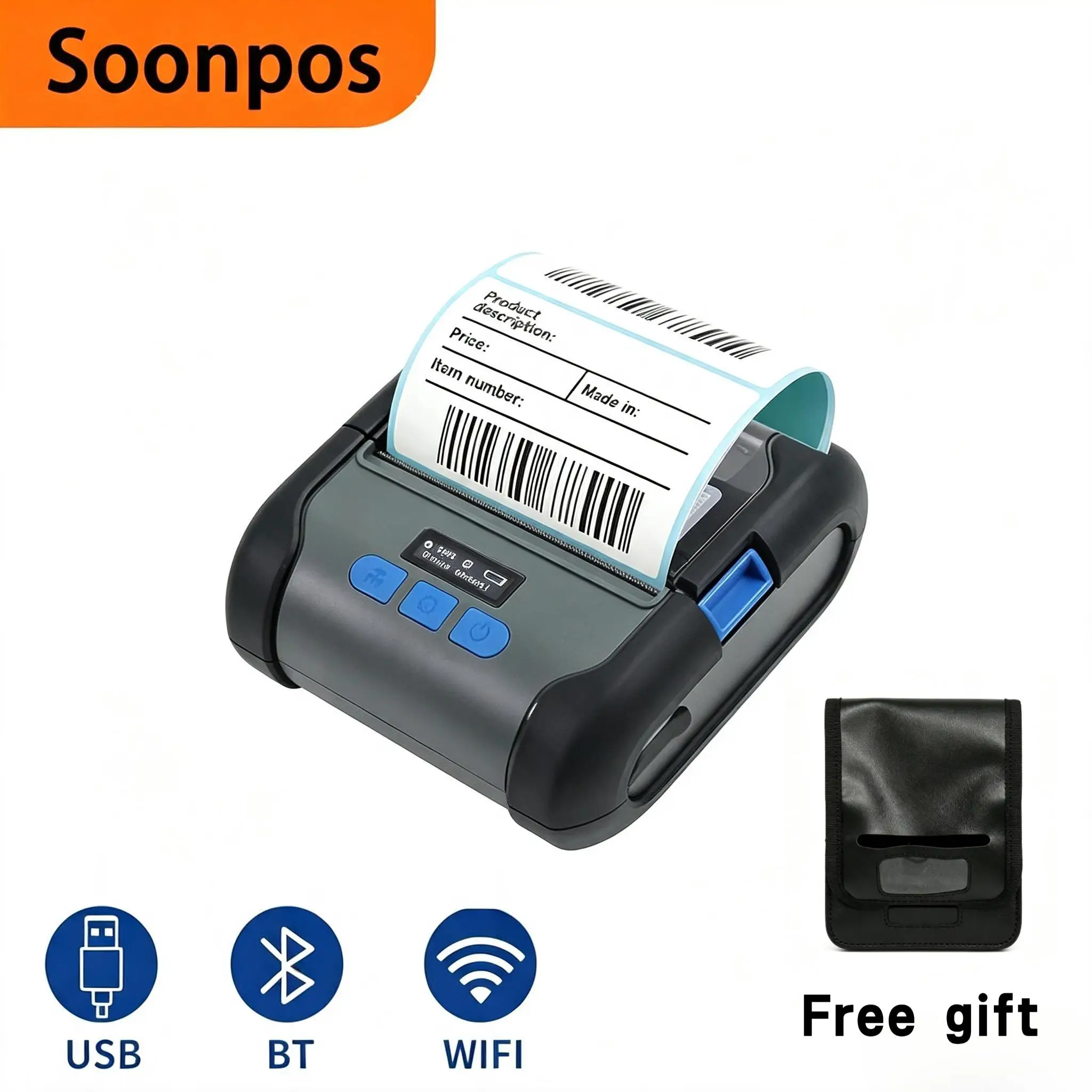 Soonpos 80mm Portable Thermal Printer 2‑in‑1 Label & Receipt Bluetooth WiFi USB 2000mAh For Android iOS Windows POS Warehouse